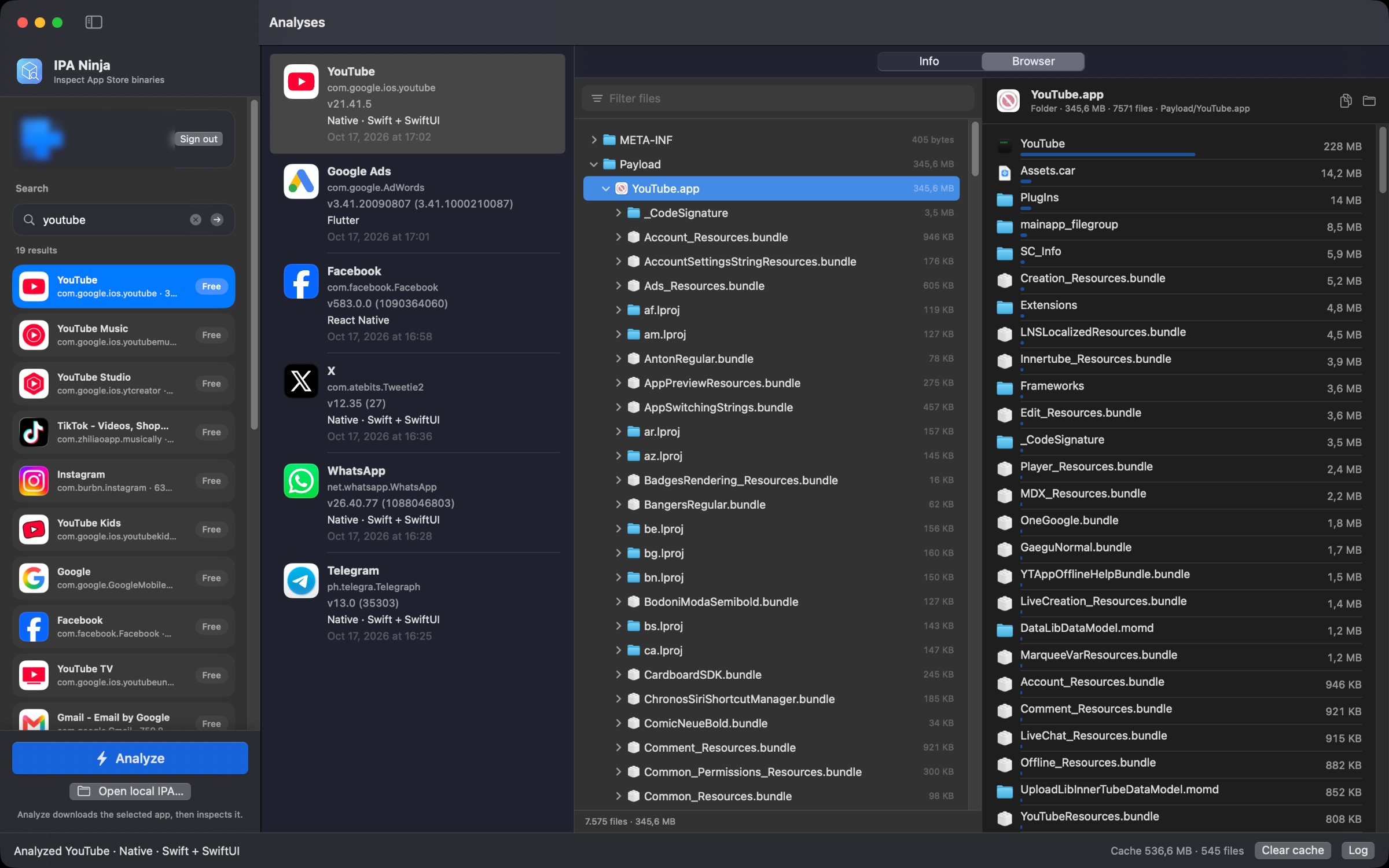 File browser showing the app bundle tree and folder sizes