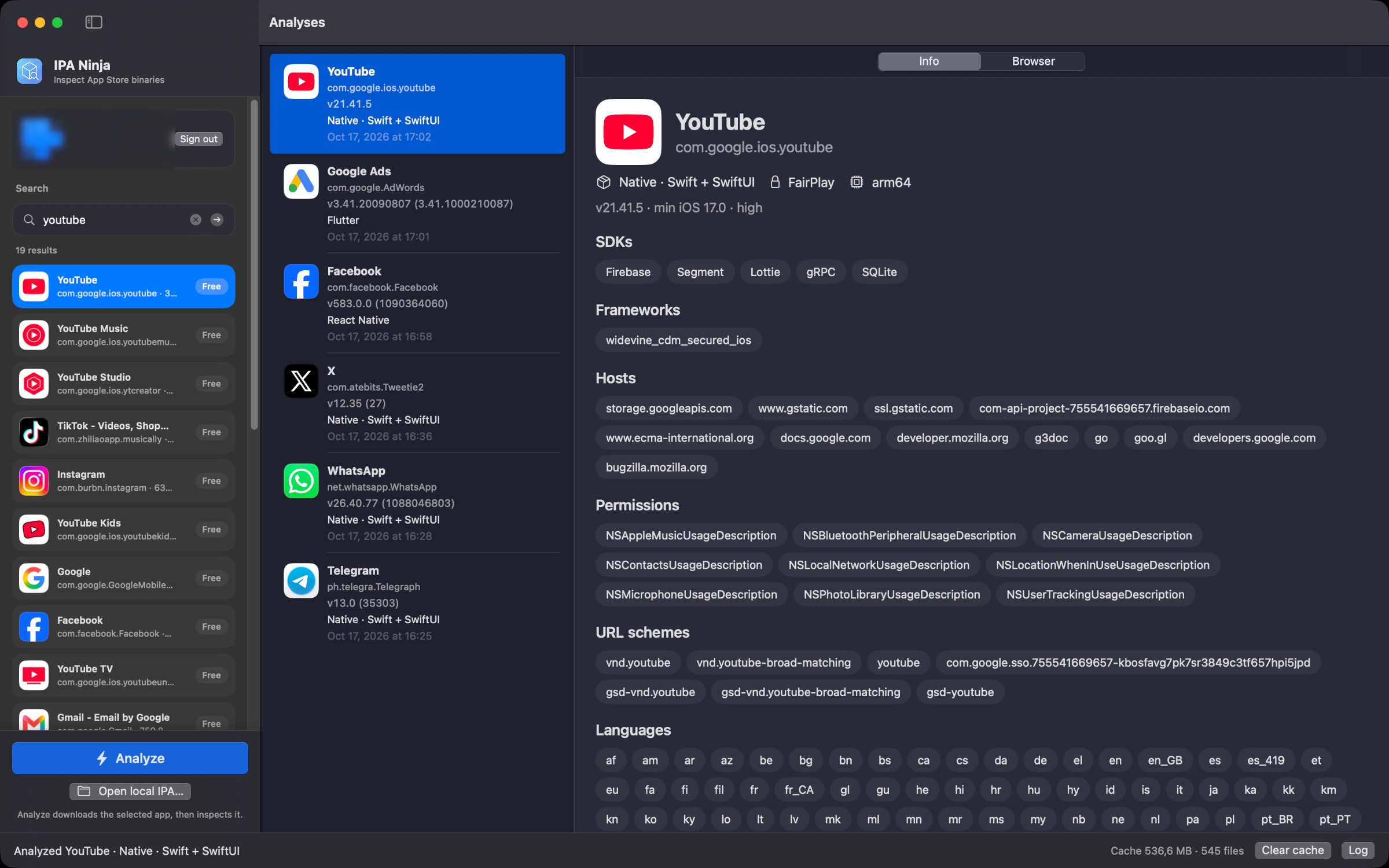 IPA Ninja showing the analysis of YouTube: tech stack, SDKs, frameworks, hosts, permissions and languages