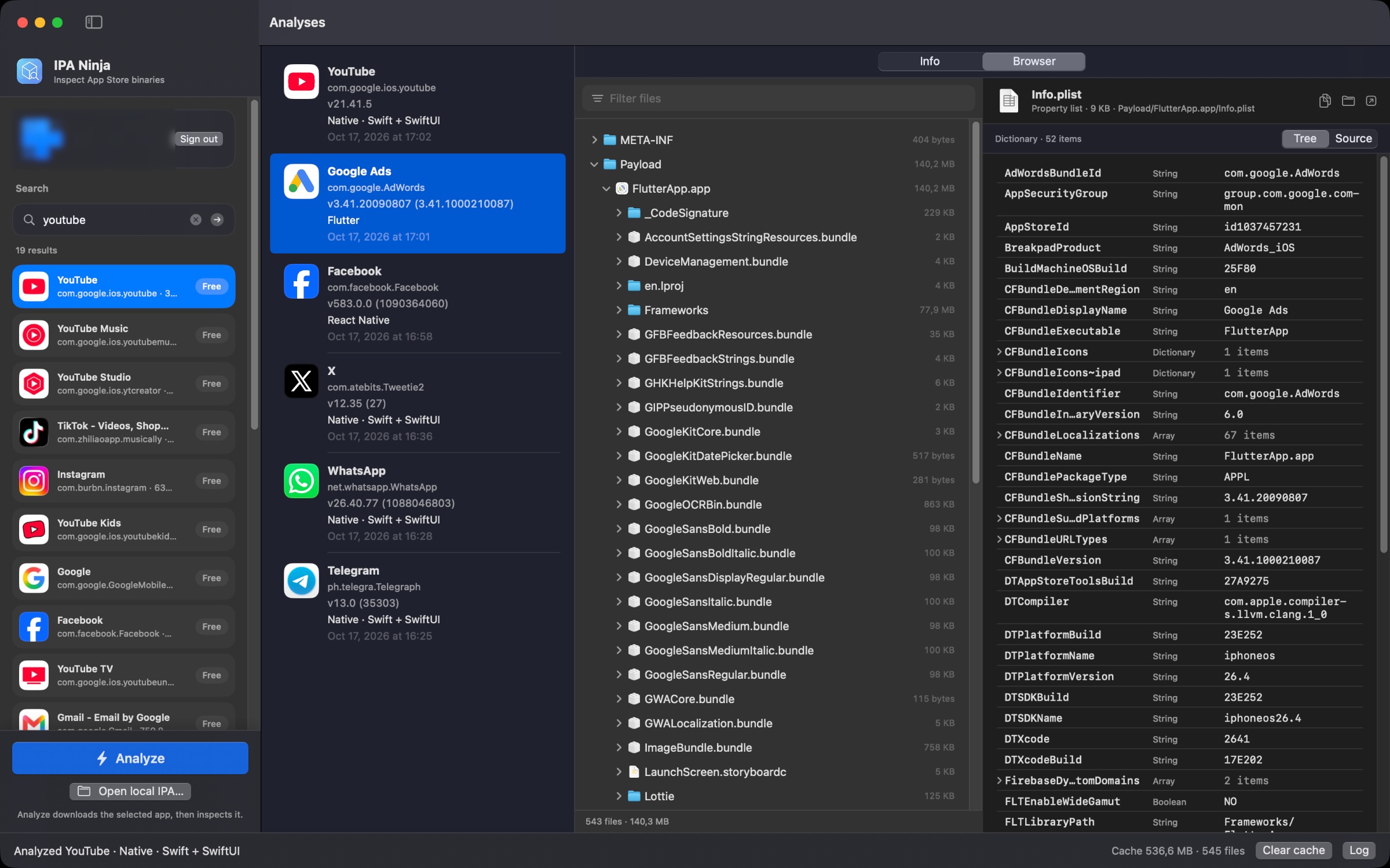 Info.plist shown as a key, type and value tree